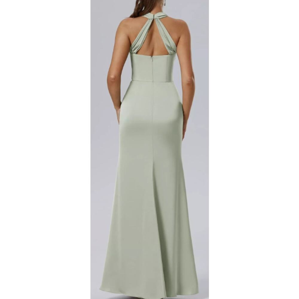 AW BRIDAL SZ 6 S sage green satin charmeuse Maharaol formal maxi dress NEW b53 - Picture 2 of 6